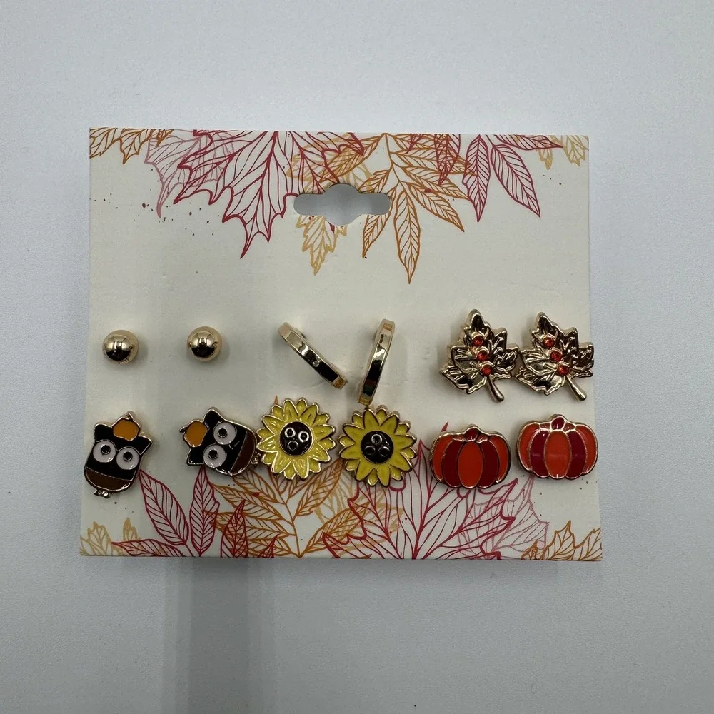 Fall Autumn Thanksgiving Stud Earring Set Gold Tone 6 Pair NEW